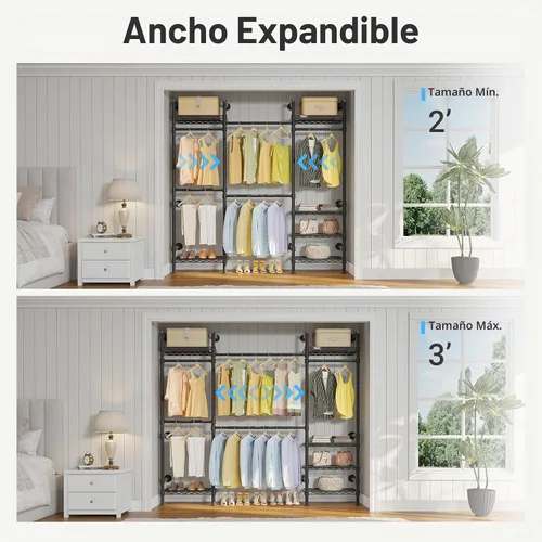 Vista 5 de Timate F3 - Perchero de pared mediano ampliable, perchero industrial para colgar ropa, perchero resistente con estantes, sistema de armario de pared