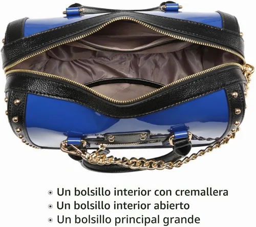 Vista 5 de Dasein Bolso Barrel para Mujer de Cuero Sintético de Charol Brillante con Decoración de Remaches Asa Superior Cartera Bolso de Hombro Azul más grande