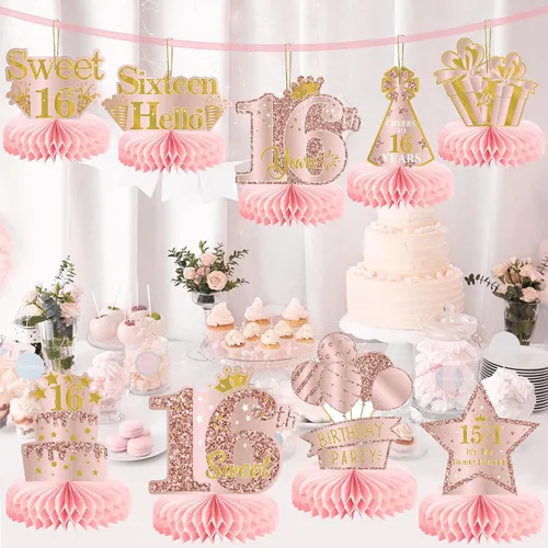 Vista 5 de 9 piezas de decoración de cumpleaños número 16 para niñas, centros de mesa de feliz cumpleaños de 16 años, suministros de fiesta, decoración de mesa