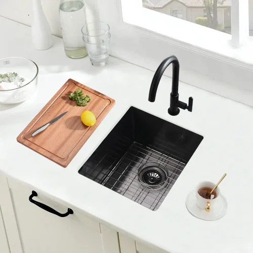 Vista 3 de Fregadero de barra de montaje inferior negro, 15 x 17 pulgadas, pequeño fregadero de cocina para exteriores de calibre 16 SUS304