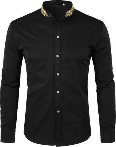 Vista 3 de ZEROYAA - Camisas de vestir para hombre estilo hipster con cuello mandarín bordado ajustadas de manga larga