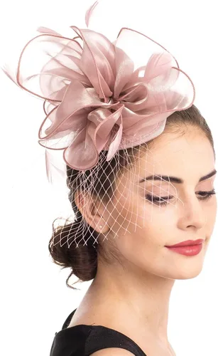 Vista 4 de SAFERIN Fascinator Hair Clip Hat Bowler Feather Flower Veil Wedding Party Hat Tea Hat