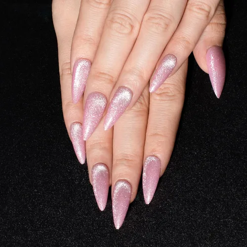Vista 19 de Uñas postizas rojas de tamaño mediano en forma de almendra, uñas acrílicas brillantes con diseño de purpurina, uñas artificiales de cobertura a001