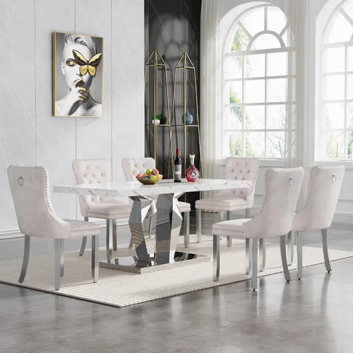 Vista 21 de Juego de 5 mesas de comedor de mármol sintético, juego de mesa de cocina y comedor para 4, mesa de comedor rectangular blanca de 70 pulgadas