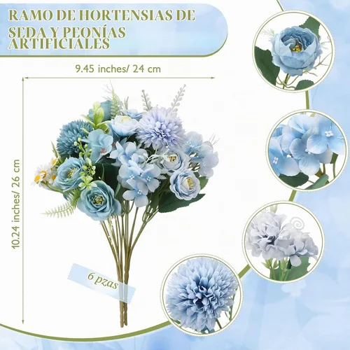 Vista 2 de Tigeen - Ramo de flores artificiales para boda, 6 paquetes, color azul