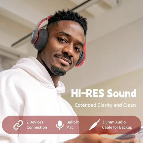 Vista 2 de Auriculares inalámbricos Bluetooth sobre la oreja con tiempo de reproducción de 65H, auriculares estéreo HiFi con micrófono y modos 6EQ, auriculares