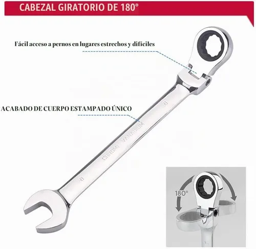 Vista 2 de Llave de carraca métrica de 8 mm con cabezal flexible, llave combinada de carraca de 72 dientes con cabeza de caja