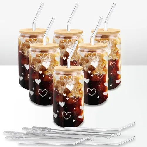 Vista 11 de Tazas de vidrio con tapas y pajitas de 16 onzas, set de 16 – Tazas de café helado para fiestas navideñas, reuniones familiares y anfitrionaje diario