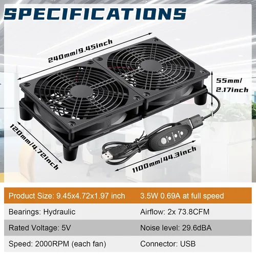 Vista 6 de Caja de PC de computadora de 9.449 in Ventilador alimentado por USB de 5 V con controlador de velocidad variable para router WiFi módem gabinete