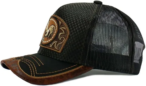 Vista 4 de Gorra de béisbol curvada de malla de camionero bordada estilo occidental de México con diseño de gallo