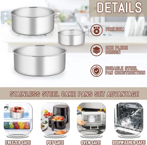 Vista 3 de E-far Juego de 3 moldes para pasteles (4, 6 y 8), moldes redondos de acero inoxidable profundo para bodas, cumpleaños, no tóxicos y aptos