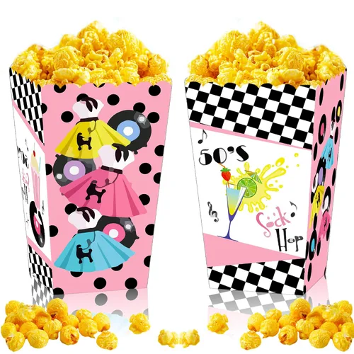 Vista 8 de JeVenis Cajas de palomitas de maíz para fiesta de calcetines de los años 50, decoraciones de fiesta temática de los años 50, decoraciones