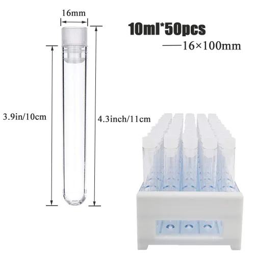 Vista 2 de 50 piezas de tubos de ensayo de plástico transparente con estante, tubos de 16x100mm (10ml) con tapas y estante de tubos de 50 agujeros