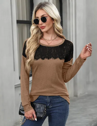 Vista 3 de For G and PL Sudadera elegante de manga larga con cuello redondo y encaje para mujer, para otoño e invierno 2024
