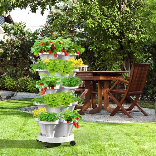 Vista 8 de Macetas verticales de fresa, paquete de 2 unidades, torre apilable de 5 niveles con poste de soporte, macetas apilables para hierbas y verduras