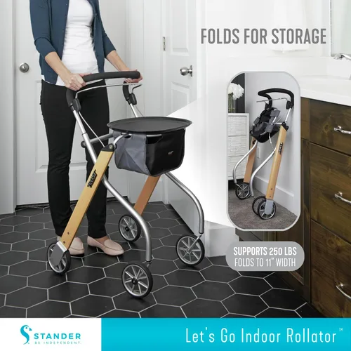 Vista 2 de Stander Let's Go - Andador para interiores, ligero de cuatro ruedas estilo europeo con bandeja, ayuda de movilidad plegable para personas mayores