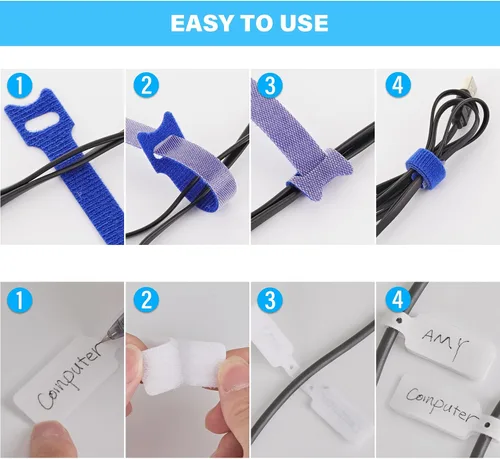 Vista 7 de 70 bridas reutilizables con gancho y bucle, bridas de alambre ajustables multiusos para organización de cables y 10 etiquetas para cables