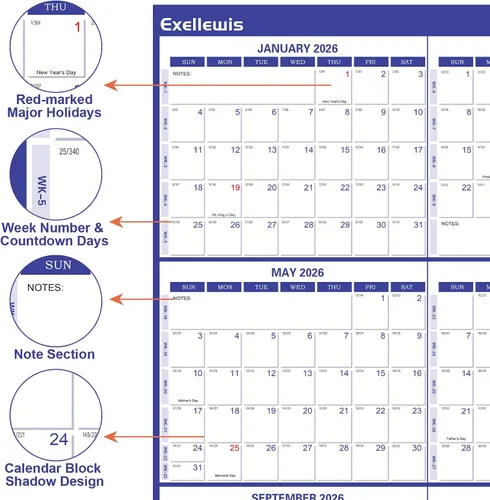 Vista 2 de Calendario de pared 2026 de 32 x 48 pulgadas, 12 meses de enero a diciembre, planificador anual anual grande de borrado en seco, calendario