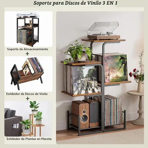 Vista 8 de Bikoney - Soporte para tocadiscos inspirado en jardineras con gran almacenamiento de vinilo, mesa de tocadiscos vintage con estante para LP