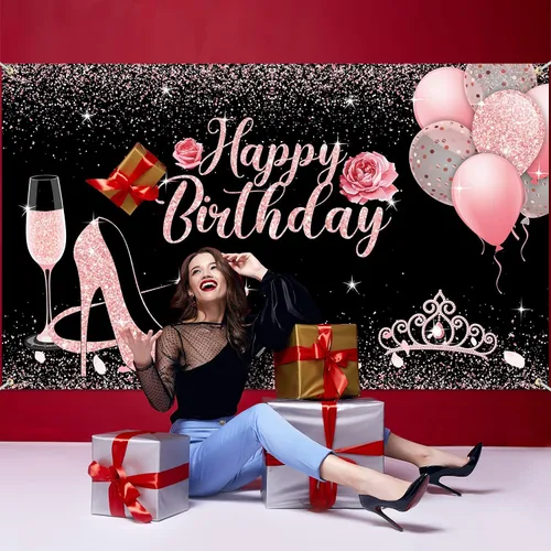 Vista 6 de Sumind Decoración de pancarta de feliz cumpleaños, fondo de cumpleaños negro y rosa, 6 x 3.6 pies, oro rosa y negro, decoraciones de fiesta