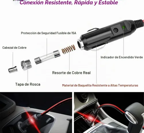 Vista 2 de Adaptador de enchufe macho para encendedor de cigarrillos, cable de alimentación de 12 V/24 V, 3 pies, 16 AWG con luz LED para inversor