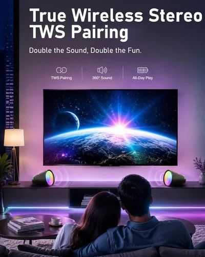 Vista 5 de Altavoz Bluetooth portátil inalámbrico con 9 luces de color, tiempo de reproducción de 20 horas, emparejamiento estéreo, graves profundos, IPX6 Negro