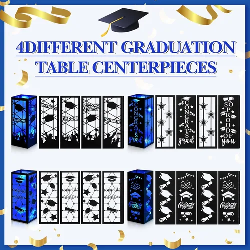 Vista 4 de Feifeiya 4 piezas de centros de mesa de graduación 2026, faroles de mesa de graduación de clase 2026 con tira de luces LED para felicitaciones, Azul