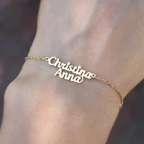 Vista 4 de LONGLITER - Pulsera personalizada de doble capa con nombre para mujer, cadena de mano, dos placas, pulseras para mujer