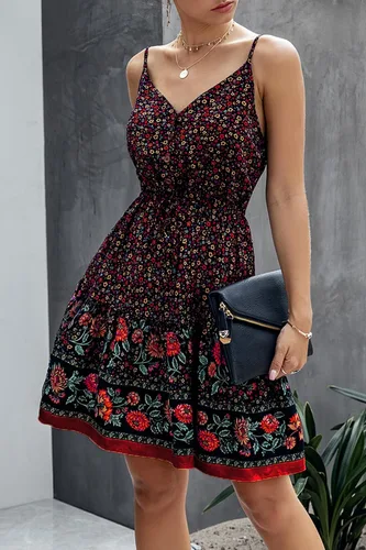 Vista 7 de PRETTYGARDEN - Vestido corto floral de verano, cuello en V, tirantes delgados, abotonado, vestido de verano, vestido mini de verano con volantes