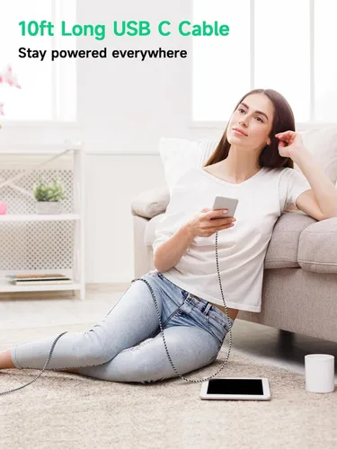 Vista 8 de Cargador tipo C de 10 pies. Cable USB tipo C; cargador rápido compatible con Galaxy S10; cable de carga largo USB tipo C de nailon trenzado
