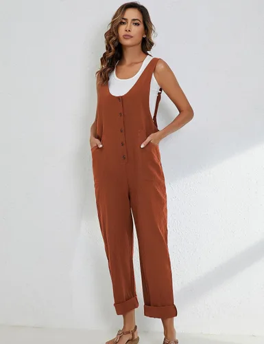 Vista 4 de Himosyber Overol de algodón y lino para mujer, con tirantes ajustables, con botones, pantalón largo