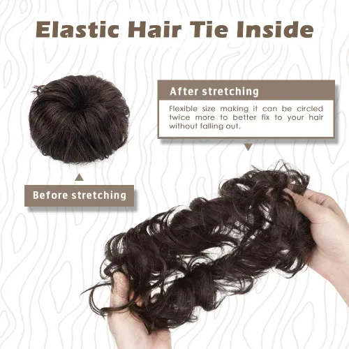Vista 7 de BARSDAR 2 piezas de cabello de moño desordenado de color marrón oscuro + extensión de moño de cabello 100% humano