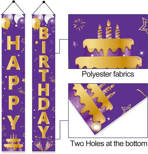 Vista 3 de Cartel de feliz cumpleaños dorado morado para puerta, letrero de feliz cumpleaños, suministros de fiesta para niñas y mujeres, 16, 21, 30, 40, 50