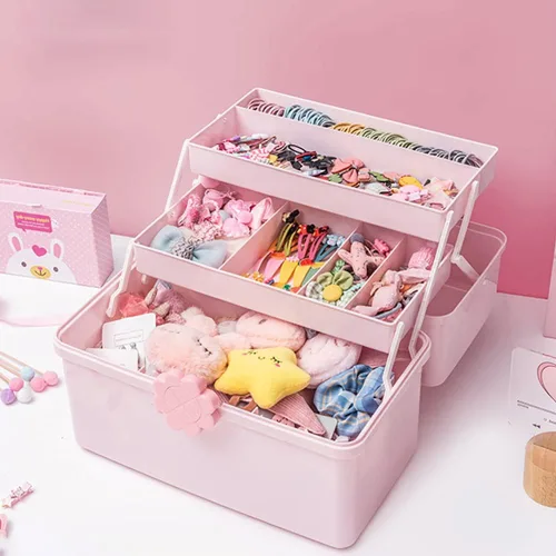 Vista 3 de Organizador plegable de plástico para manualidades de 3 capas, caja rosa portátil, caja de almacenamiento múltiple para medicamentos, organizador