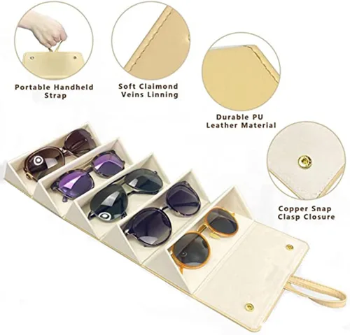 Vista 5 de Estuche organizador de gafas de sol, estuche de viaje con 5 ranuras para colgar gafas, caja de almacenamiento para mujeres y hombres