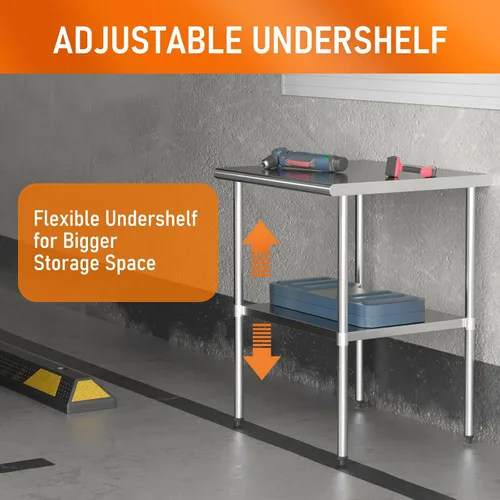 Vista 4 de Mesa de preparación y trabajo de acero inoxidable con estante ajustable y salpicadero, isla de cocina con almacenamiento, estaciones de trabajo Mesa