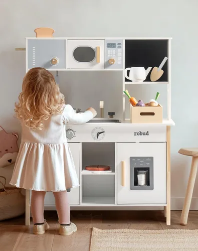 Vista 7 de ROBUD Cocina de juguete para niños – Cocina de juguete de madera con caja de plantación, juego de cocina Montessori con máquina de hielo y horno