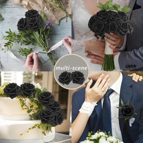 Vista 7 de 25 rosas realistas negras, flores artificiales de espuma de látex con tallos flexibles y 8 hojas para decoración de bodas, hogar y fiestas Negro