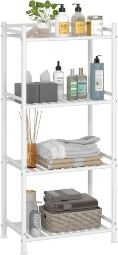 Vista 9 de Esquinero de almacenamiento de 4 niveles para el baño, estante abierto de pie, estante de esquina de metal para la cocina, salón, pasillo