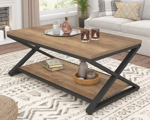 Vista 18 de HSH Mesa de sala de estar de madera de metal minimalista moderna negra con estante de almacenamiento, mesa central rectangular de 39 pulgadas y 2