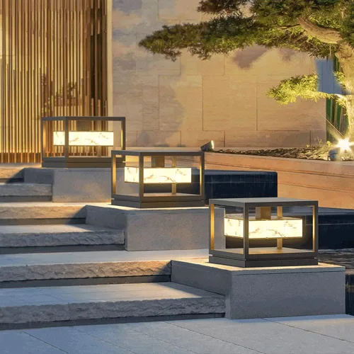 Vista 4 de Luces de poste al aire libre, luces solares de jardín, lámparas de poste clásicas chinas, lámparas de poste de puerta de mármol de imitación