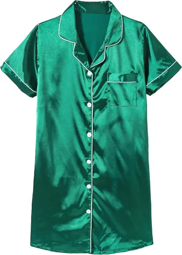 Vista 16 de Hupohoi - Vestido de pijama de satén para niñas, con botones, ropa de dormir sedosa, camisón de manga corta, camisa de noche, vestidos Negro