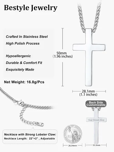 Vista 7 de Bestyle Collar de cruz simple para hombre, cadena de acero inoxidablenegrooro para hombres con colgante de cruz, regalos de bautismo religioso