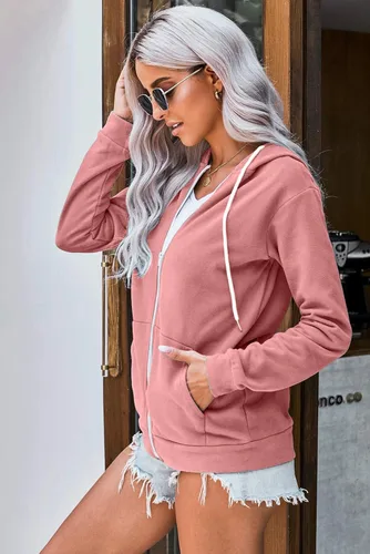 Vista 4 de WROLEM Sudadera casual con capucha y cremallera completa para mujer cómoda holgada de manga larga color liso con bolsillos