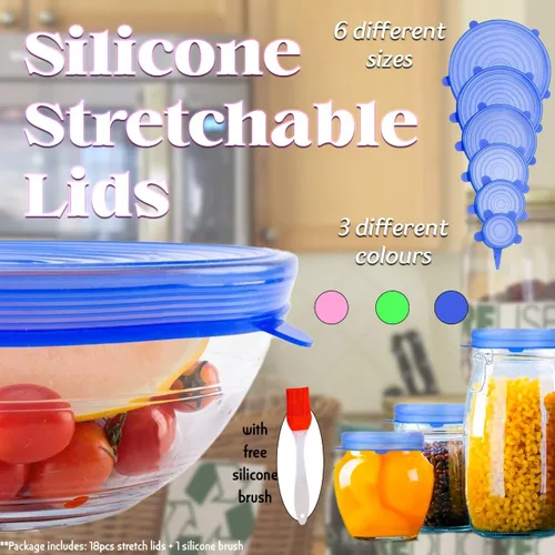 Vista 5 de Tapas elásticas de silicona – Paquete de 18 con cepillo de silicona gratis, 6 tamaños para cuencos, latas y recipientes, cubiertas reutilizables