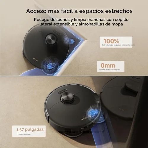 Vista 5 de Mova P50 Pro Ultra Robot Aspiradora y Trapeador, succión de 19,000Pa con cepillo antienredos, trapeador extraíble y levantable para alfombra y piso