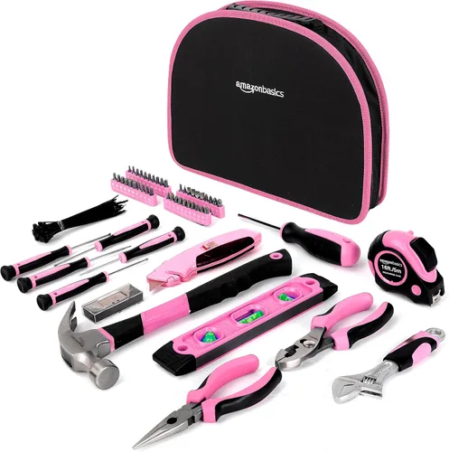 Vista 2 de Amazon Basics Juego de herramientas con bolsa redonda de fácil transporte, 104 piezas, rosa, 14.4 x 11.4 x 3 pulgadas