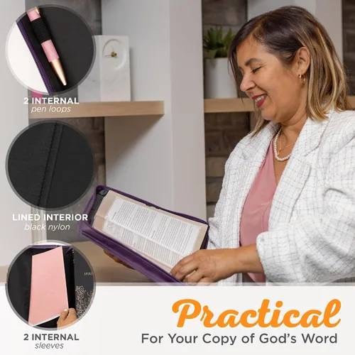 Vista 4 de Christian Art Gifts Funda para Biblia de moda para mujer, diseño de filipenses 4:13, piel sintética floral púrpura (mediana)