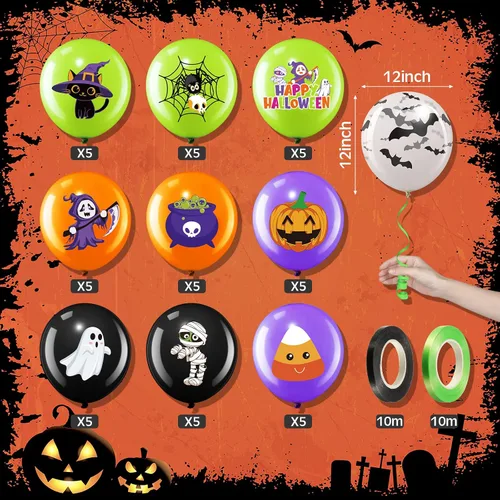 Vista 2 de Decoración de 50 globos de Halloween, adorables globos de látex de calabaza y araña espeluznante, fiesta de primer cumpleaños, suministros de ducha