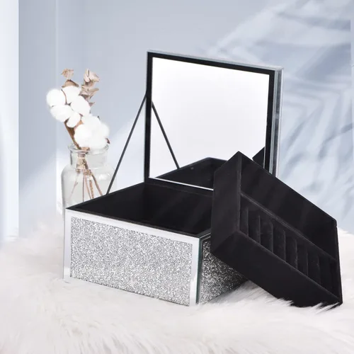 Vista 3 de MOMNGNE Joyero de cristal triturado de plata con diamantes de imitación de cristal, organizador de almacenamiento para anillos, aretes, collares